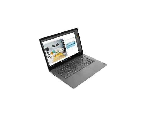 Lenovo V14 Gen 2 (14'' AMD) laptop – ¾ front/left view, lid open, with photo-editing software on the display