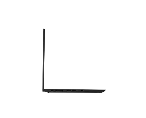 Profile of Lenovo ThinkPad T14s Gen 2 laptop in Black open 90 degrees, showing left-side ports.