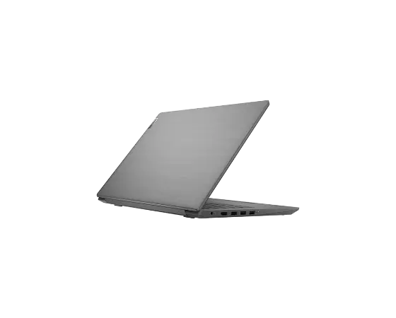 Lenovo V14 laptop – ¾ left rear view, with lid partially open