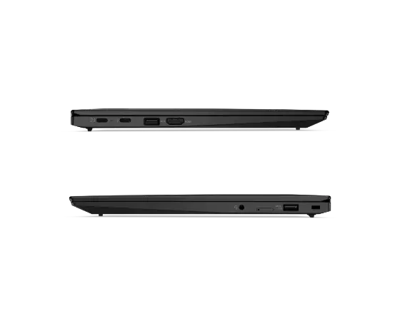 Left and right sides of closed Lenovo ThinkPad X1 Carbon Gen 9 laptop showing ports and slots.