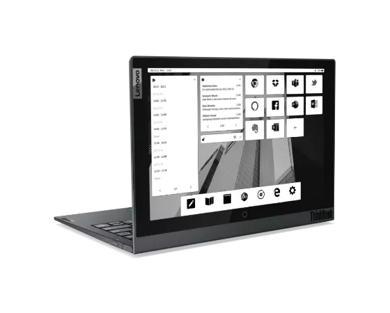 Vue arrière de trois quarts droite du portable professionnel à double écran Lenovo ThinkBook Plus Gen 2 (Intel) montrant l’écran E-Ink