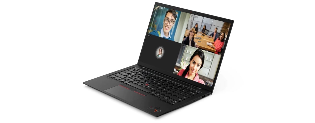 Front view of a video-conference on the Lenovo ThinkPad X1 Carbon Gen 9 laptop open 90 degrees and angled slightly to show right-side ports.