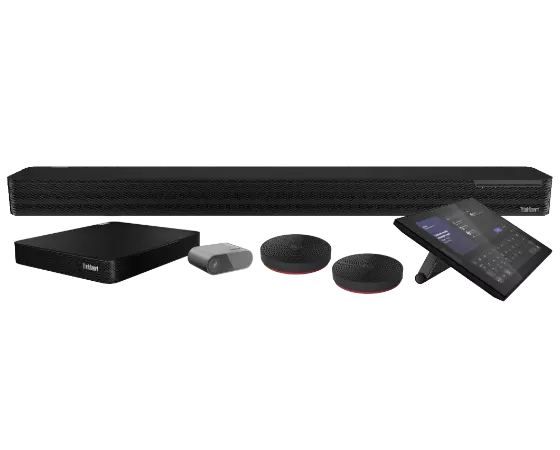 Lenovo ThinkSmart Core Full Room Kit t with Bar in back, then left to right: Core computing device, Cam, optional mic pods, Controller display.