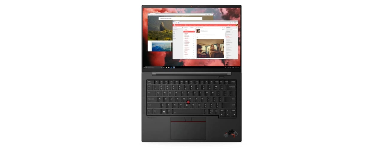 Overhead shot of Lenovo ThinkPad X1 Carbon Gen 9 laptop open 180 degrees, showing display, keyboard, and TrackPad and product logos.