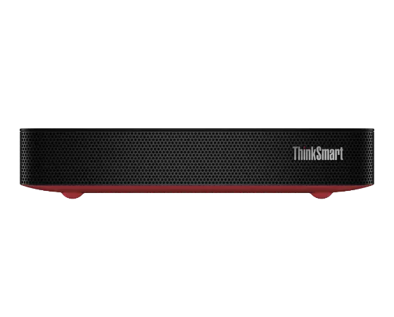 Front facing Lenovo ThinkSmart Core computing device with red underside and feet.