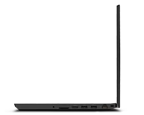 Vue du profil droit de la station de travail mobile Lenovo ThinkPad P15v Gen 3, montrant le bord de l’écran et du clavier, ainsi que les ports