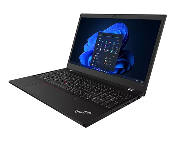 Côté droit de la station de travail portable Lenovo ThinkPad P15v Gen 3, montrant l’écran, le clavier et les ports