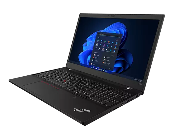 Right-side facing Lenovo ThinkPad P15v Gen 3 mobile workstation, showing display, keyboard, & ports