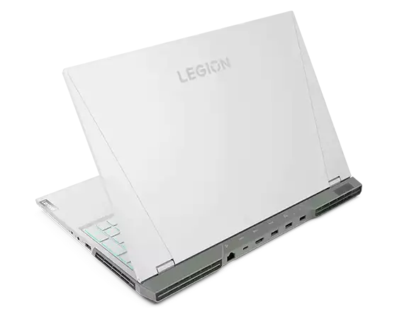 Rear, side view of Lenovo Legion 5i Pro Gen 7 (16" Intel) gaming laptop, Glacier White model, opened
