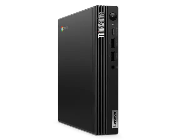 Linkeraanzicht van ThinkCentre M60q Chromebox Enterprise, met logo&#039;s van Lenovo en ThinkCentre, plus poorten