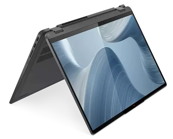 Angle view of the 16” IdeaPad Flex 5i in tent mode, with an OS panel against a swirling grey shape on the display