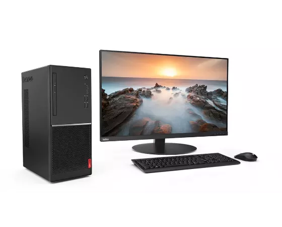 Left angle view of the Lenovo V55t tower desktop with monitor, keyboard, and mouse.