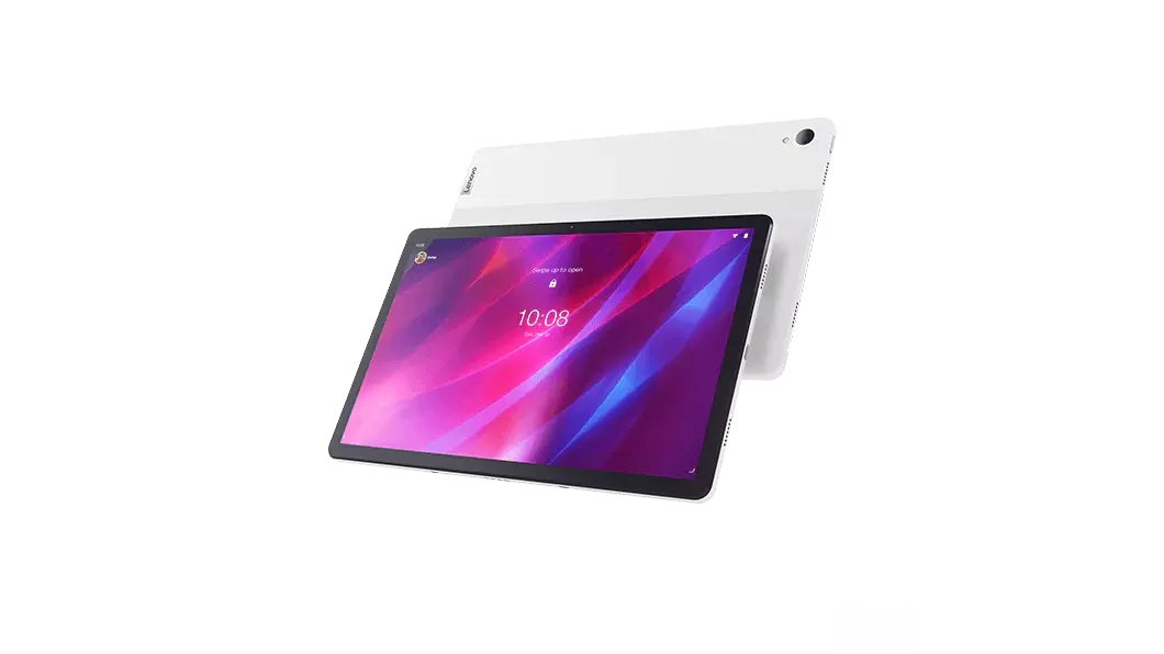 Two Lenovo Tab P11 Plus tablets in Platinum Grey—front view with pink and blue graphics on the display and rear view staggered behind it.