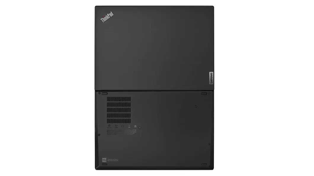 Unterseite des Lenovo ThinkPad X13 Gen 3 Notebooks in Thunder Black, um 180 Grad geöffnet.
