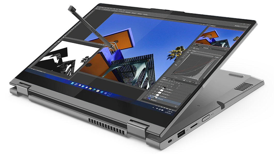 Un portable 2-en-1 ThinkBook 14s Yoga Gen 2 Mineral Grey avec l’écran basculé en mode tablette et le stylet inclus flottant devant l’écran comme s’il était utilisé.