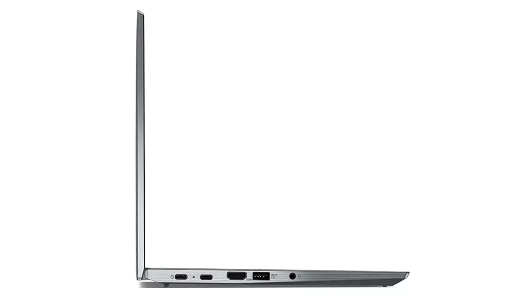 Perfil lateral izquierdo del portátil Lenovo ThinkPad X13 de 3.ª generación en color Storm Grey.