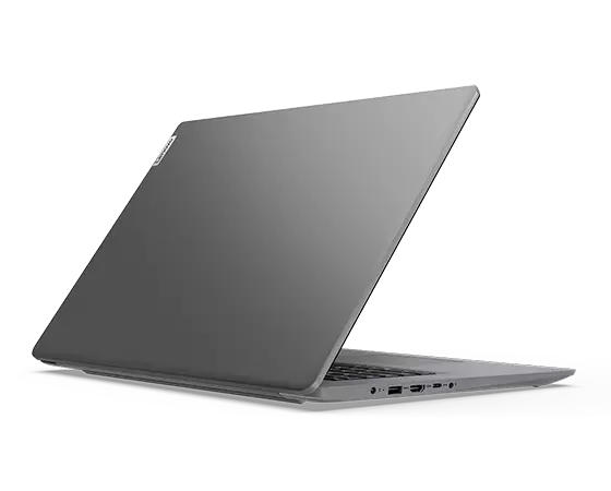 Vue arrière du profil gauche du portable Lenovo V17 Gen 3, ouvert à 45 degrés, montrant les bords d’une partie du clavier, le capot supérieur et les ports du côté gauche