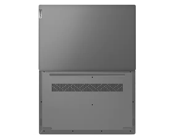 Bovenaanzicht van Lenovo V17 Gen 3-laptop, plat open, met boven- en achterzijde zichtbaar