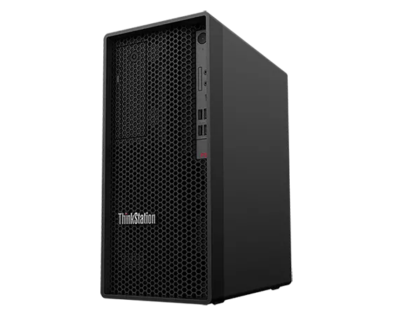 Lenovo ThinkStation P360 tower workstation angled slightly to show right side and front-facing ports, optional optical disk drive, and power button. 
