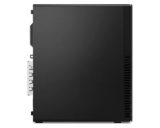 Profil droit de l’ordinateur de bureau compact Lenovo ThinkCentre M90s Gen 3 (Intel) à la verticale, montrant le panneau latéral