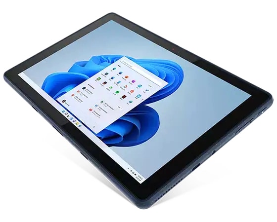 Front-facing Lenovo 10w (10'' QLC) laid flat, showcasing 10.1” FHD touch display with Corning® Gorilla® Glass