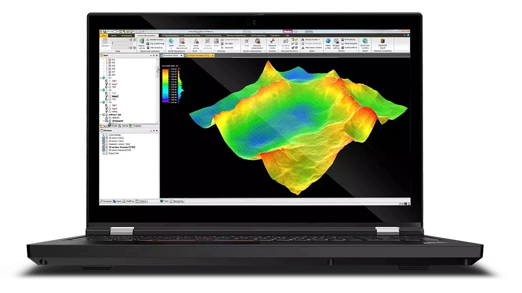 Front facing Lenovo ThinkPad T15g Gen 2 laptop focusing on display, with oil and gas software showing an energy map.