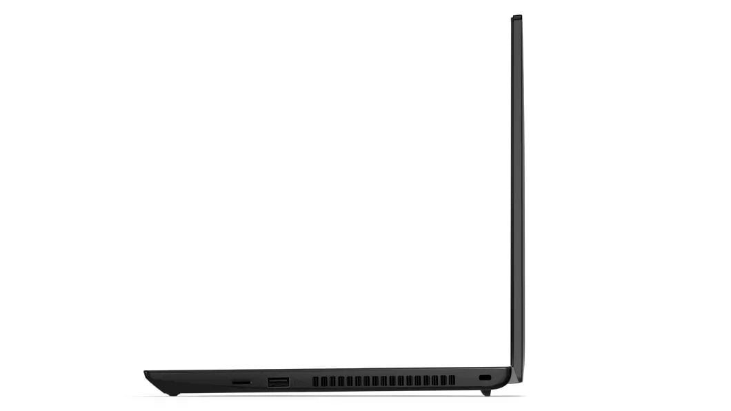 Left side view of Lenovo ThinkPad L14 Gen 3 (14, AMD), opened 90 degrees in reverse L-shape, showing edge of display and keyboard