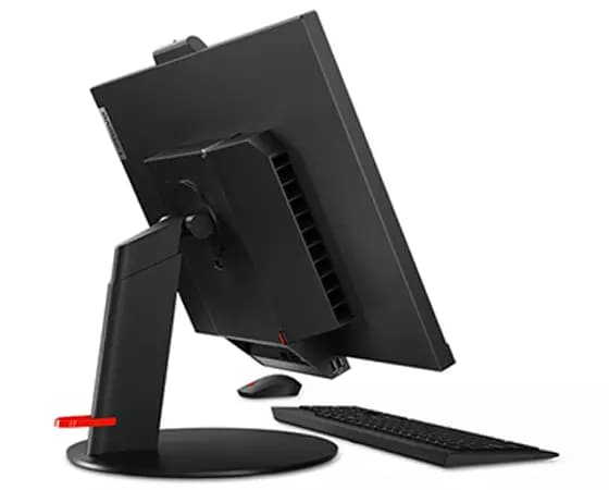 Rear angled view of Lenovo ThinkCentre TIO 27 with wireless keyboard and mouse