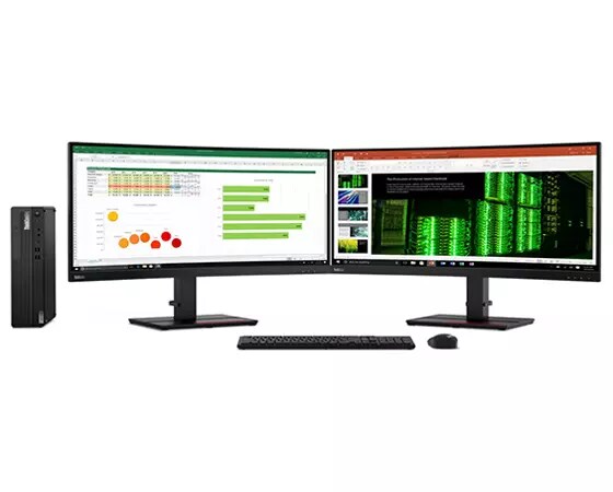 Lenovo ThinkCentre M80s desktop next to monitor, keyboard and mouse