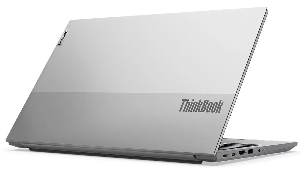 Back left angle view of a partially opened Lenovo ThinkBook 15 Gen 4 (Intel) laptop 