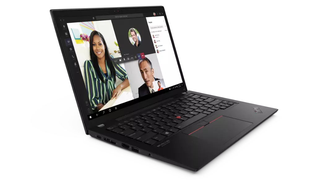 Lenovo ThinkPad X13 Gen 2 (13, AMD) laptop – ¾ left-front view with lid open and video conference participants on the display