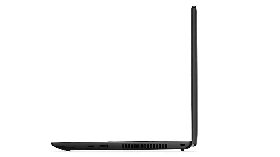 Left side view of Lenovo ThinkPad L15 Gen 3 (15, AMD), opened 90 degrees in reverse L-shape, showing edge of display and keyboard