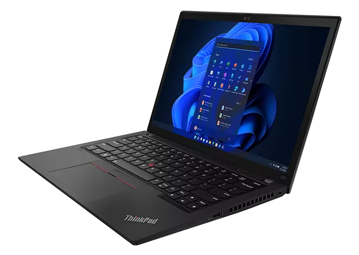 Right side view of ThinkPad X13 Gen 3 (13, intel) opened 90 degrees, showing display, keyboard and ports