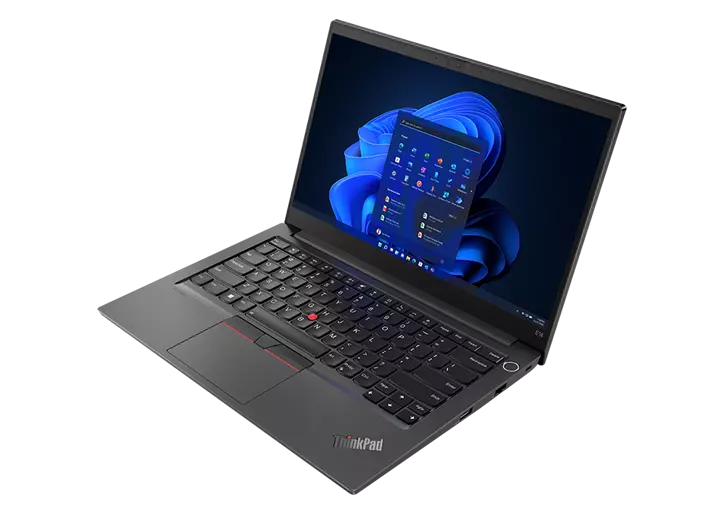 Front facing ThinkPad E14 Gen 4 business laptop, angles slightly to the right, opened 90 degrees, showing keyboard, ports and display with Windows 11