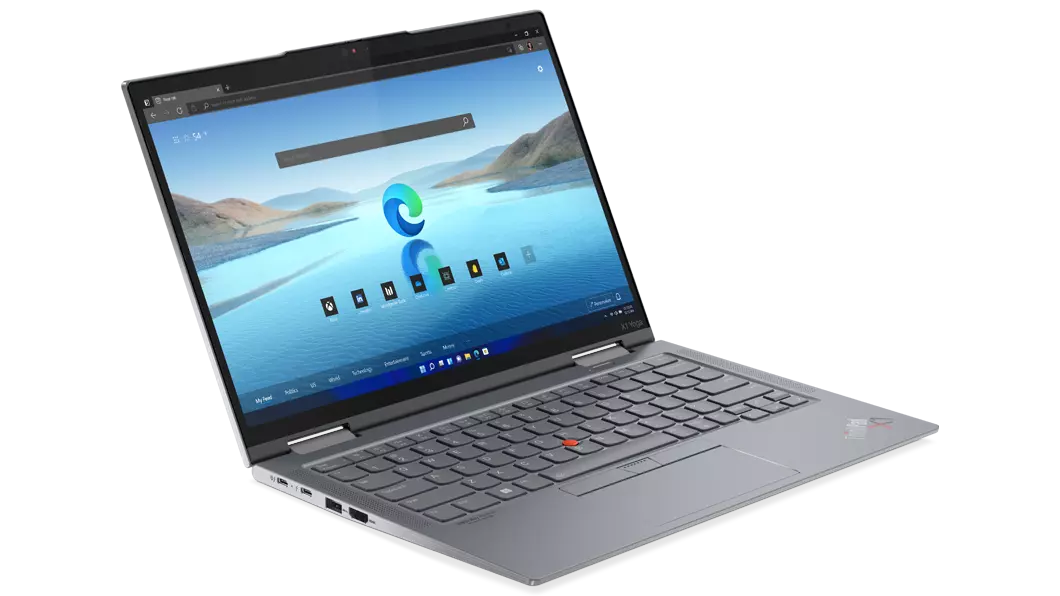Lenovo ThinkPad X1 Yoga Gen 7 2-in-1 laptop angled to show left-side ports.