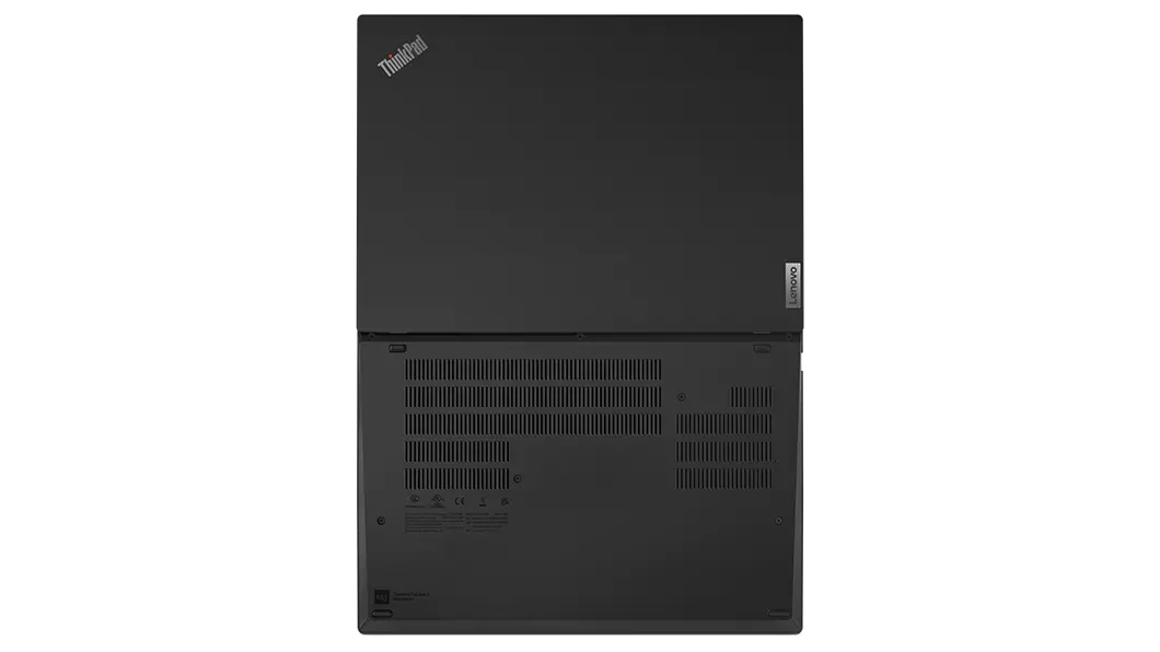 Aerial view of ThinkPad T14 Gen 3 (14 AMD), opened flat at 180 degrees. showing top and rear covers