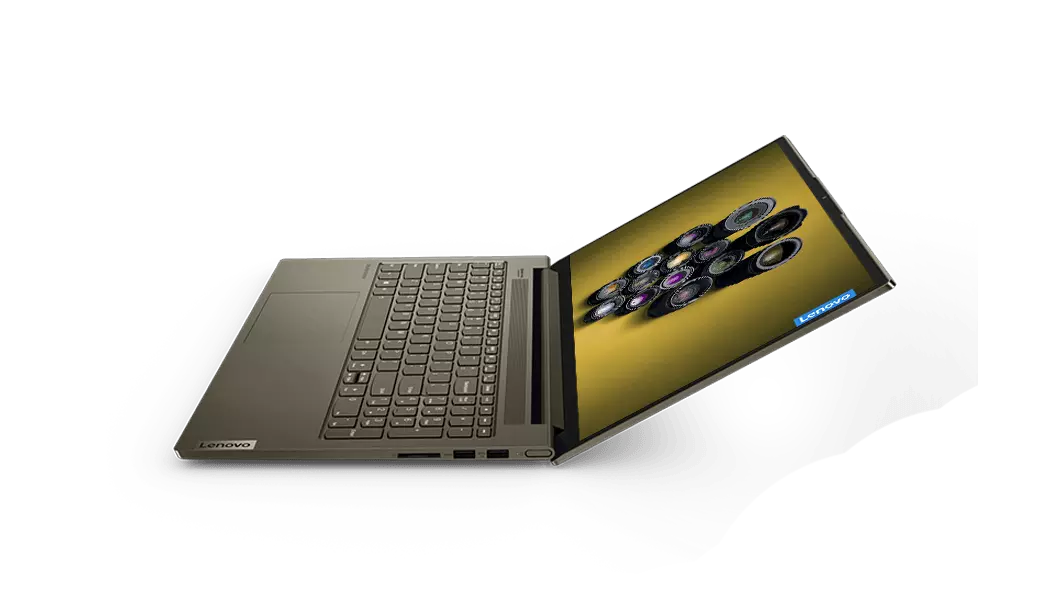 Side view of the Yoga Creator 7 laptop, open at an obtuse angle