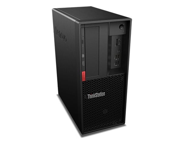 Lenovo ThinkStation P330 Tower, front left side high angle view.