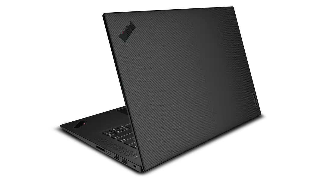 Rear-facing Lenovo ThinkPad P1 Gen 5 mobile workstation open 70 degrees, showcasing Carbon-Fiber Weave finish.