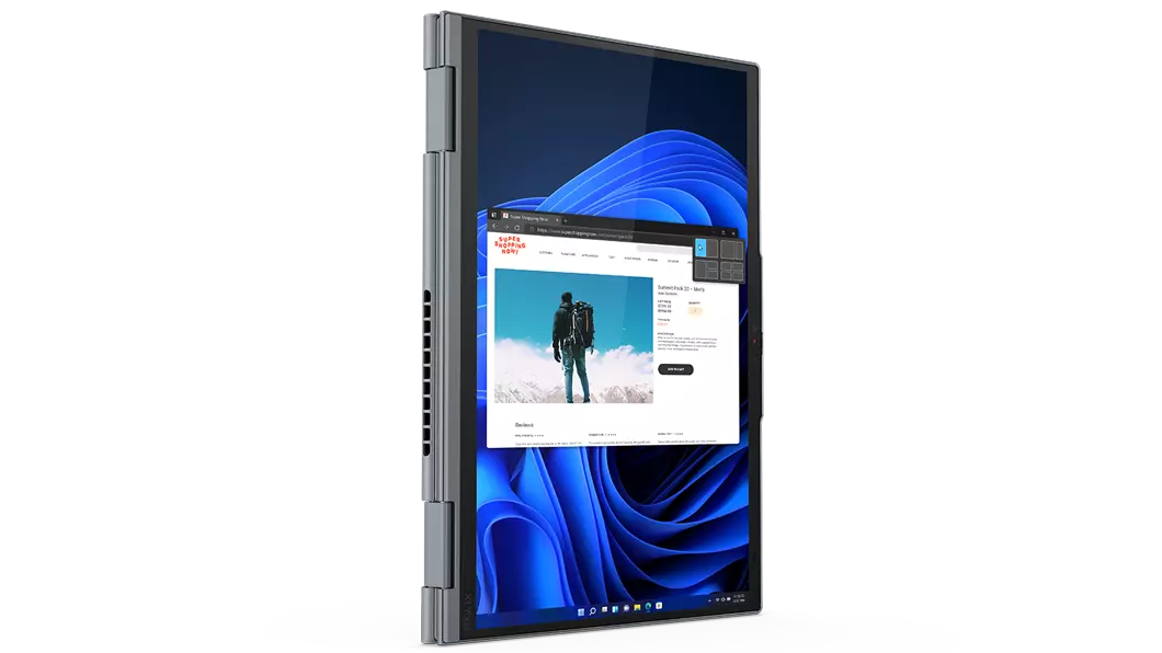 Lenovo ThinkPad X1 Yoga Gen 7 2-in-1 in Tablet mode, positioned vertically to show Windows 11 Pro on display.