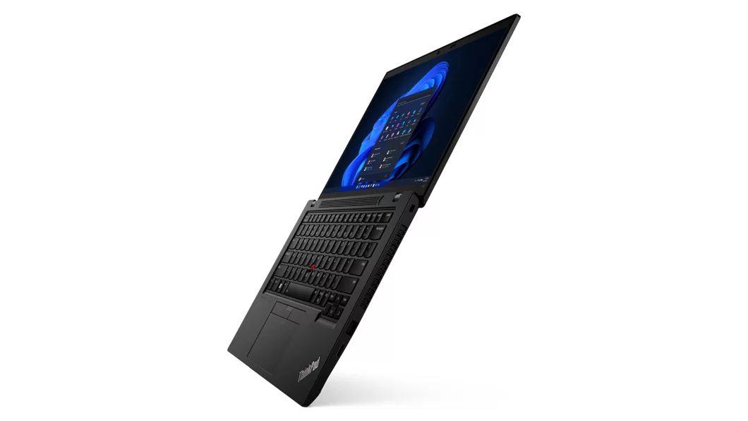 Left side view of Lenovo ThinkPad L14 Gen 3 (14, AMD), opened 180 degrees, showing display, keyboard and ports