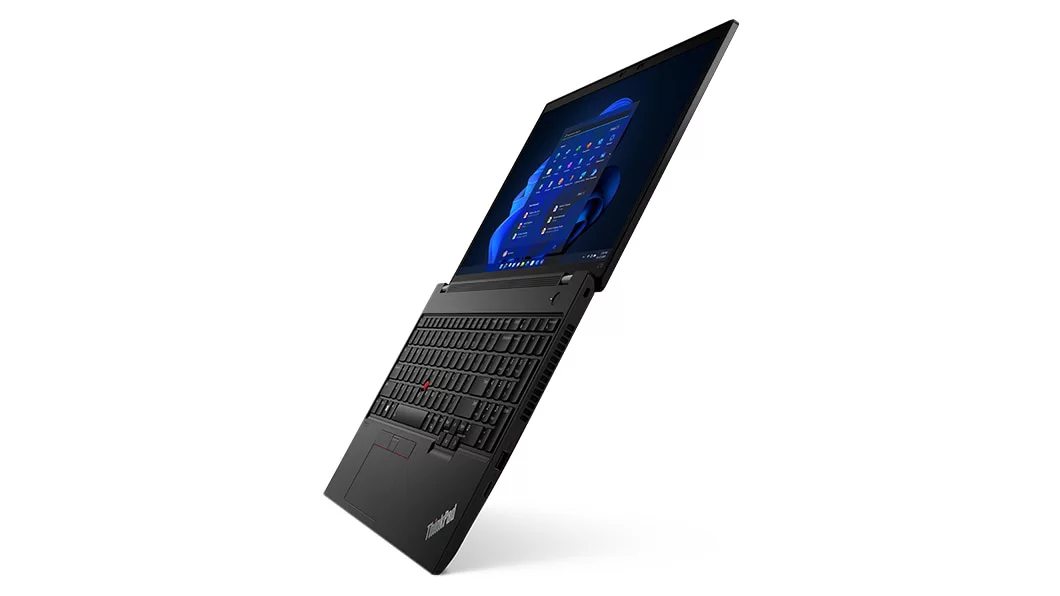 Left side view of Lenovo ThinkPad L15 Gen 3 (15, AMD), opened 180 degrees, showing display, keyboard, and ports
