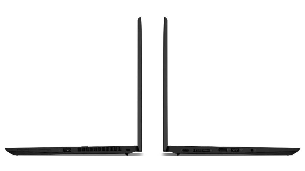 Two Lenovo ThinkPad X13 Gen 2 (13, AMD) laptops -- left and right side views, back to back, with lids open 