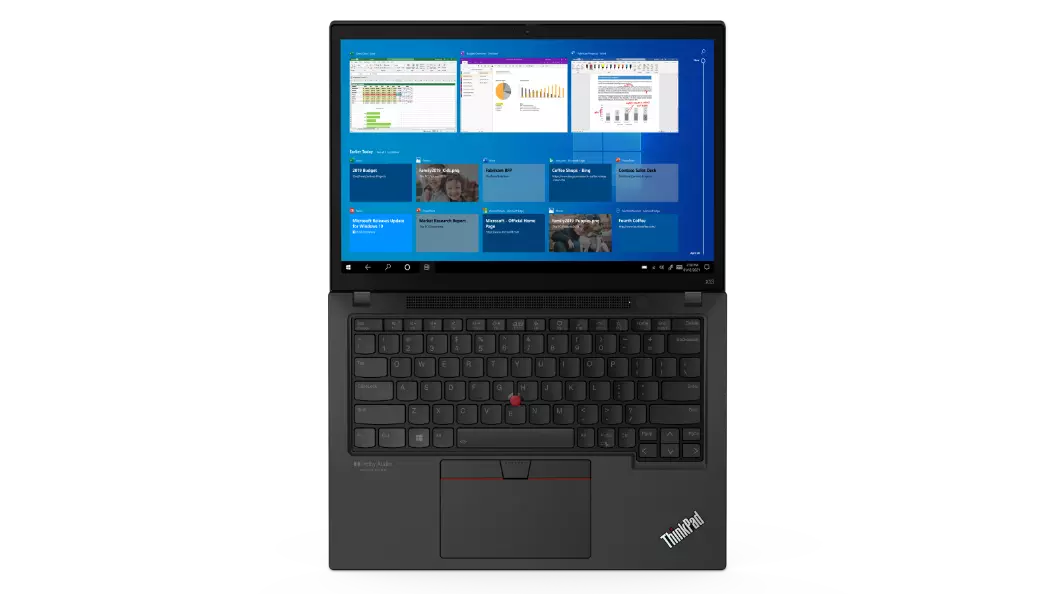 Lenovo ThinkPad X13 Gen 2 (13, AMD) laptop – view from above with lid open 180 degrees and several graphs and other small windows open on the display