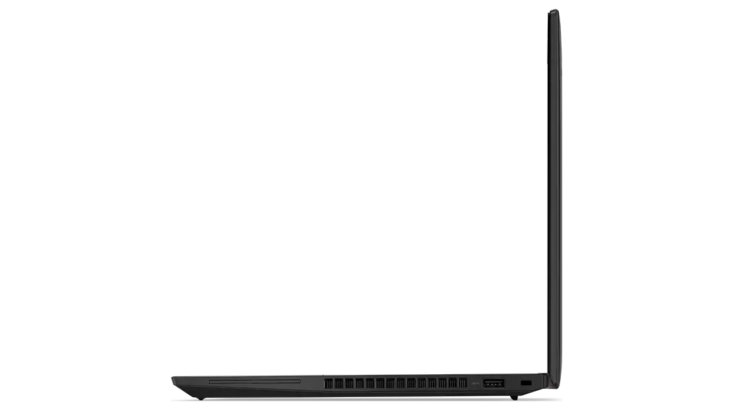 Right-side view of ThinkPad T14 Gen 3 (14 AMD), opened at 90 degrees. showing thin edge of display and keyboardRight-side view of ThinkPad T14 Gen 3 (14 AMD), opened at 90 degrees. showing thin edge of display and keyboard