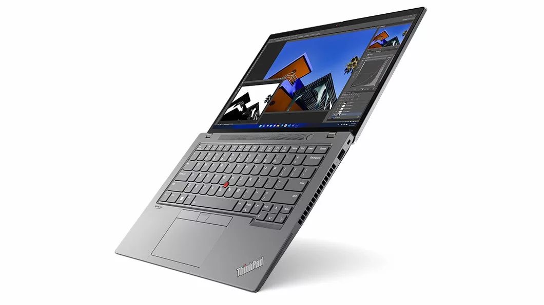 Front-facing, right-side view of ThinkPad T14 Gen 3 (14 Intel), opened, angled, top to bottom, showing keyboard & display