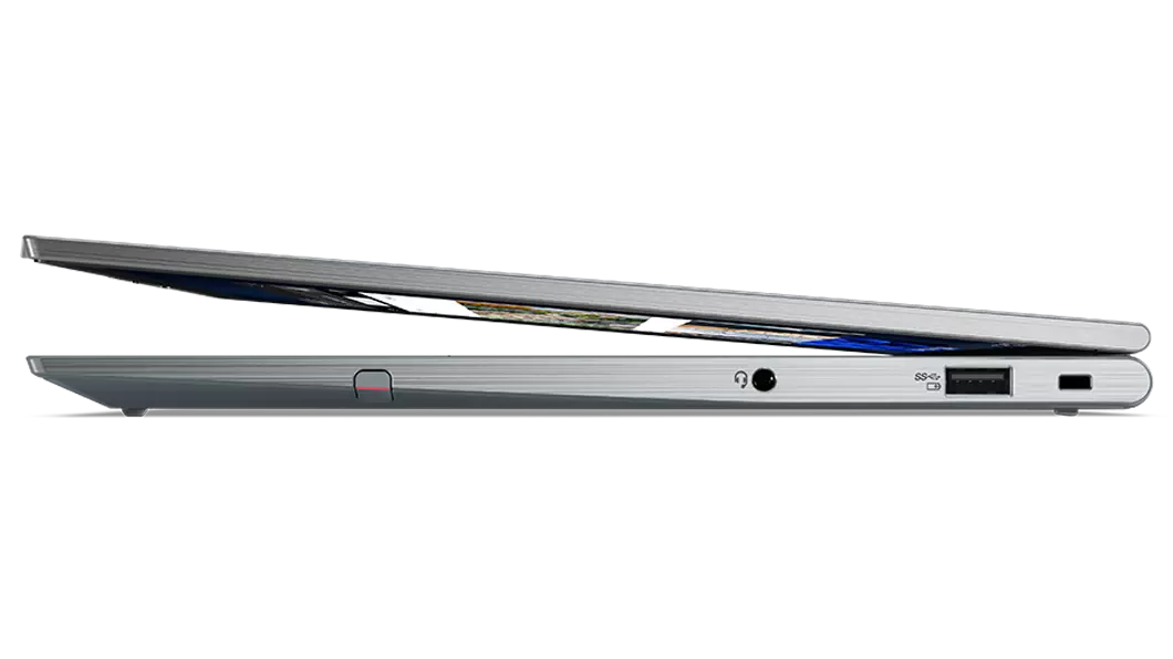 Nearly closed right-side view of Lenovo ThinkPad X1 Yoga Gen 7 2-in-1 laptop.