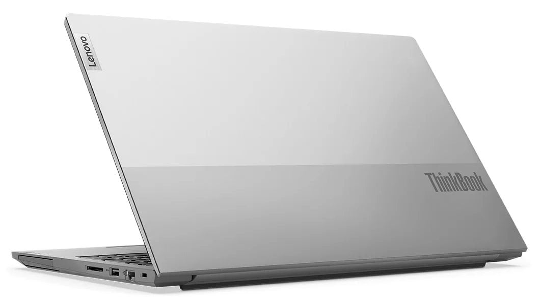 Back right angle view of a partially opened Lenovo ThinkBook 15 Gen 4 (Intel) laptop 