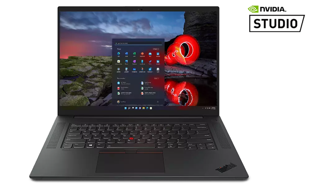 Front facing 16 Lenovo ThinkPad P1 Gen 4 mobile workstation with graphics intensive program on screen.