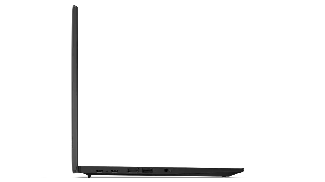 Left-side profile view of ThinkPad T14s Gen 3 (14, Intel), opened 90 degrees, showing thin edge of display and keyboard